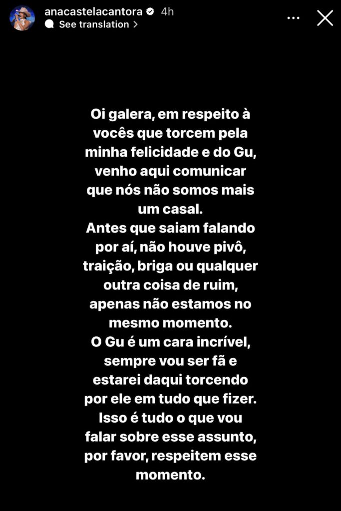 Pronunciamento de Ana Castela sobre o fim do relacionamento - Foto: reprodução/instagram